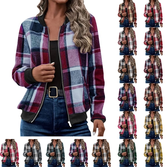 Jackets for Women with Pockets Windbreaker Plaid Printed Comfortable Casual Loose Long Sleeve Cardigan Zipper Hooded Jacket Casual Outerwear Purple M