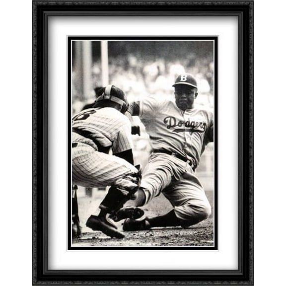 Jackie Robinson Stealing Home 2x Matted 28x40 Large Black Ornate Framed Art Print by Mark Kauffman