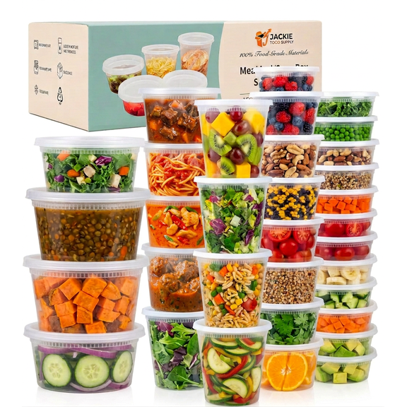 Jackie Togo 50 Pack (8/12/16/24/32oz) Deli Containers with Lids, 5 Sizes Combo Set Food Storage Containers, Airtight Leakproof Soup & Meal Prep Containers, 100 Pieces