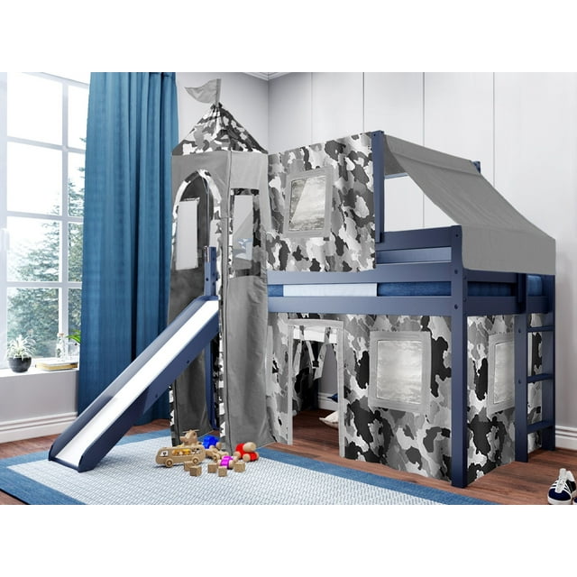 Jackpot Castle Low Loft Bed with Slide Gray Camo Tent and Tower, Twin