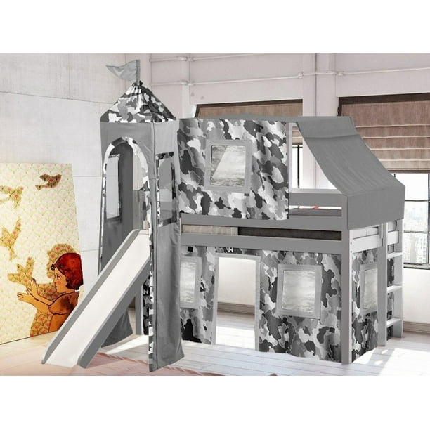 Jackpot Castle Low Loft Bed with Slide Gray Camo Tent and Tower, Twin, Gray