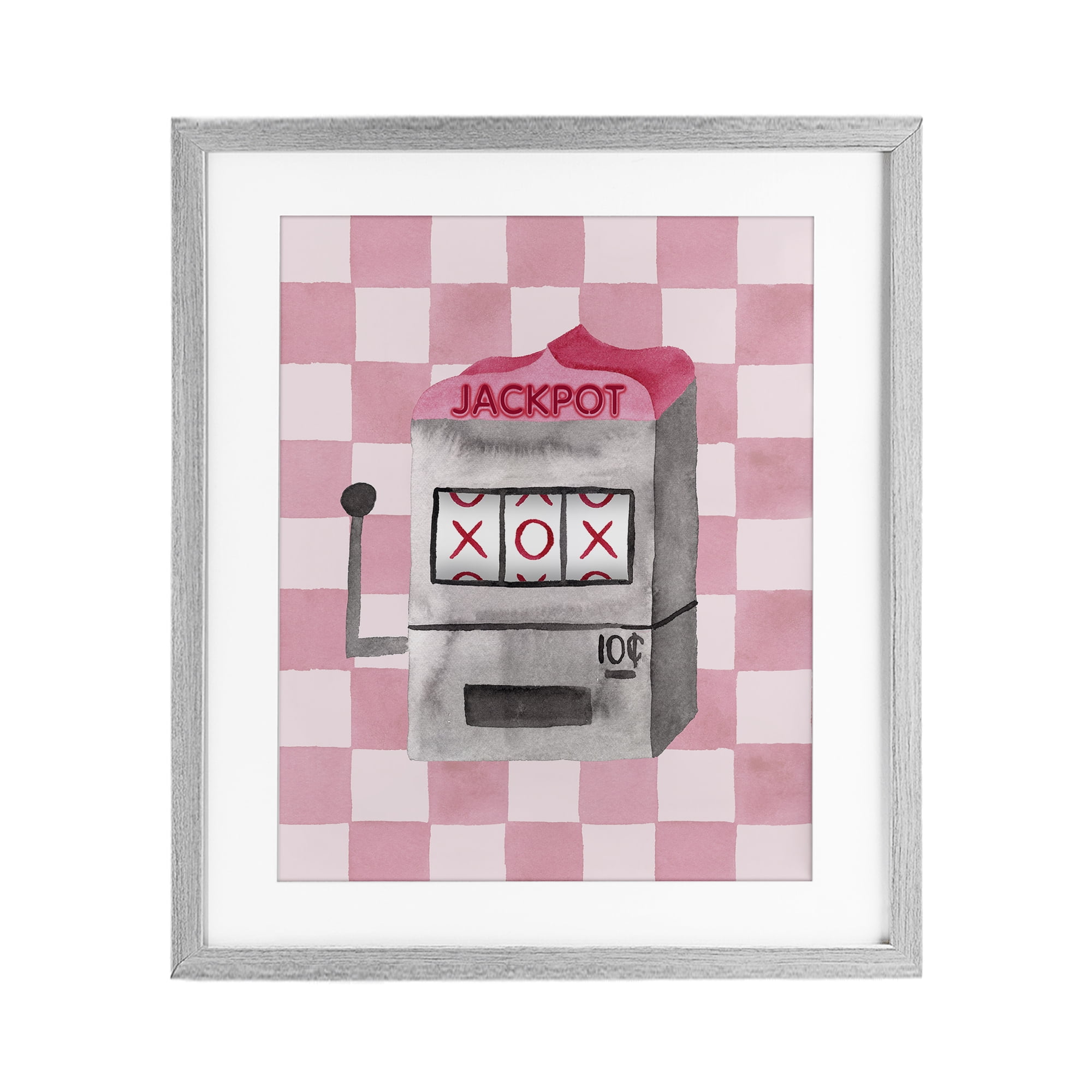 Jackpot Slot Machine Gray Framed Print Under Glass, design by Nina Jacobs