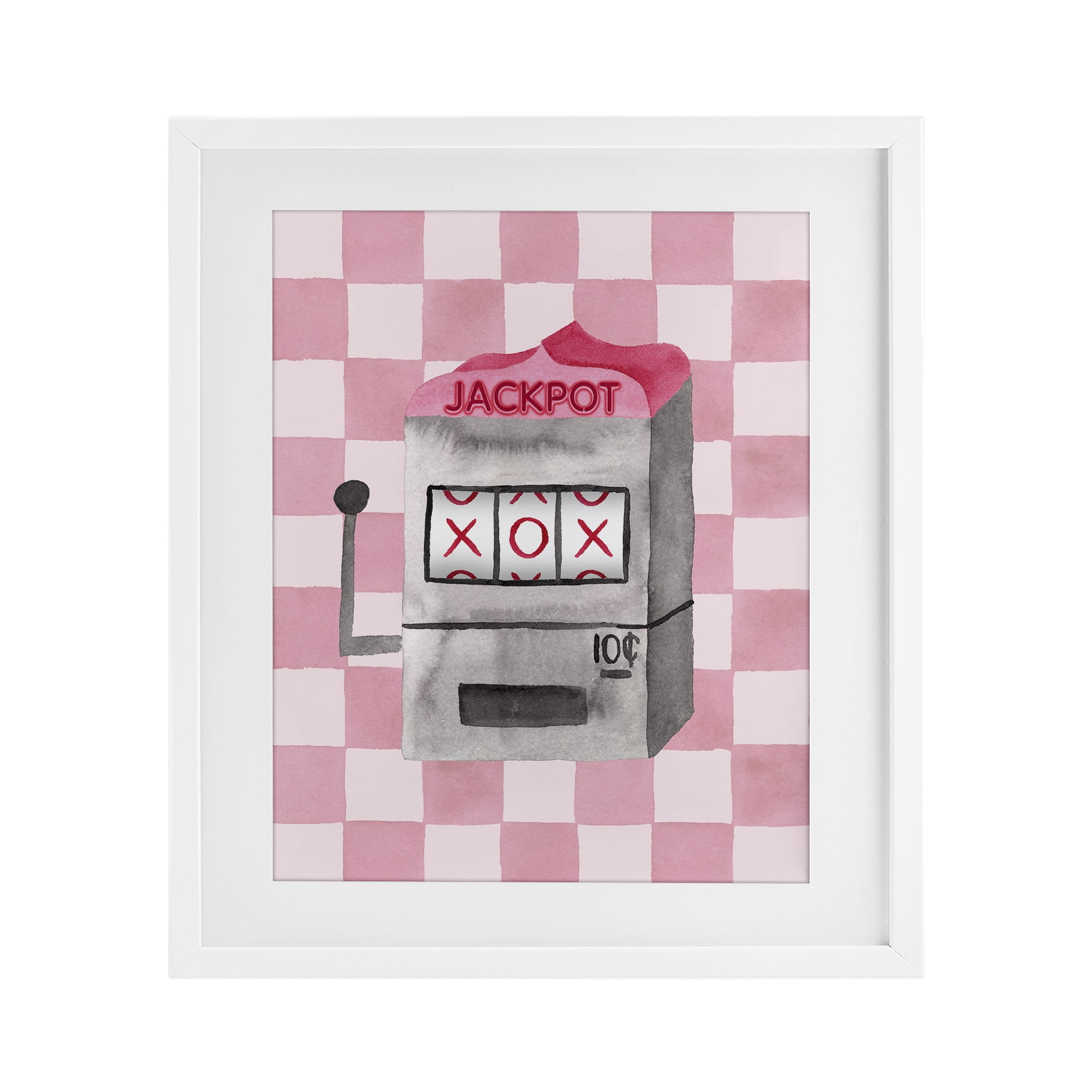 Jackpot Slot Machine White Framed Print Under Glass, design by Nina Jacobs