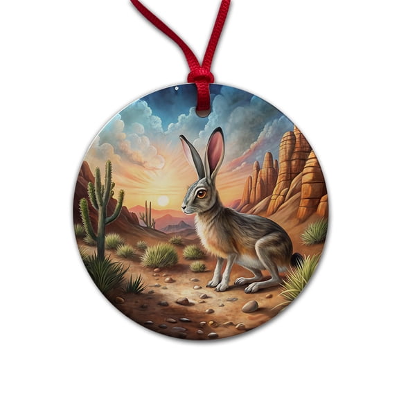 Jackrabbit In Desert Christmas Tree Holiday Round Ceramic Ornament