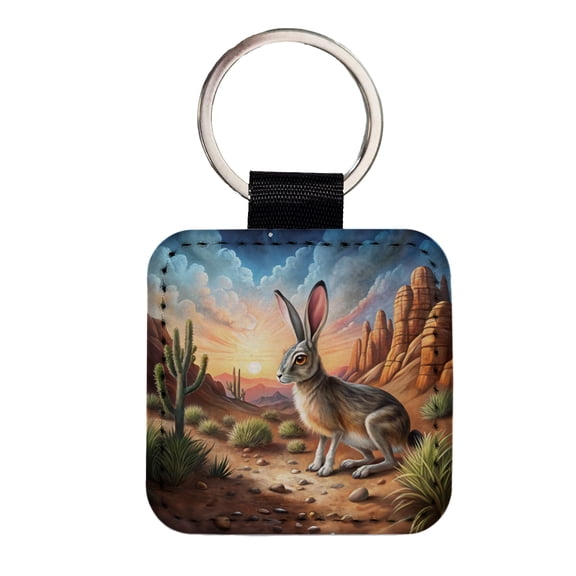 Jackrabbit In Desert Faux Leather Square Keychain