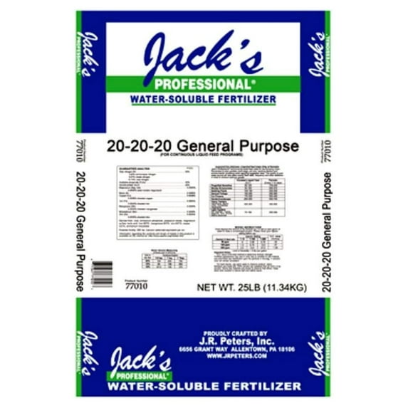 Jacks Prof 77010 General Purpose Fertilizer, 20-20-20 Fertilizer, 25-Pound
