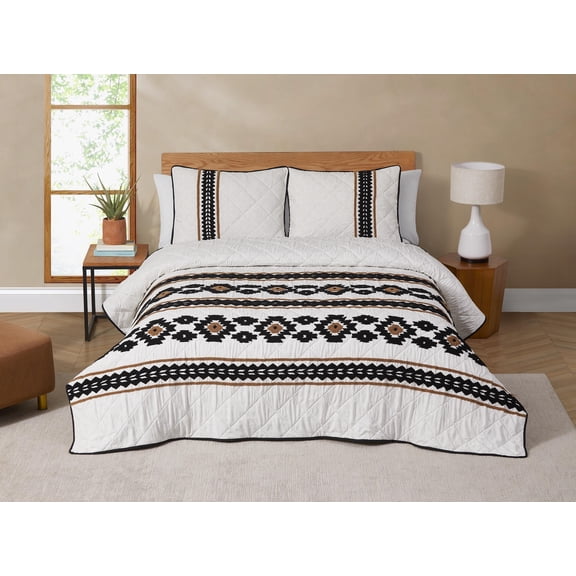 Jackson Boho Tufted Embroidery Tan/Black 2-Piece All-Season Reversible Soft Microfiber Quilt Set - Twin