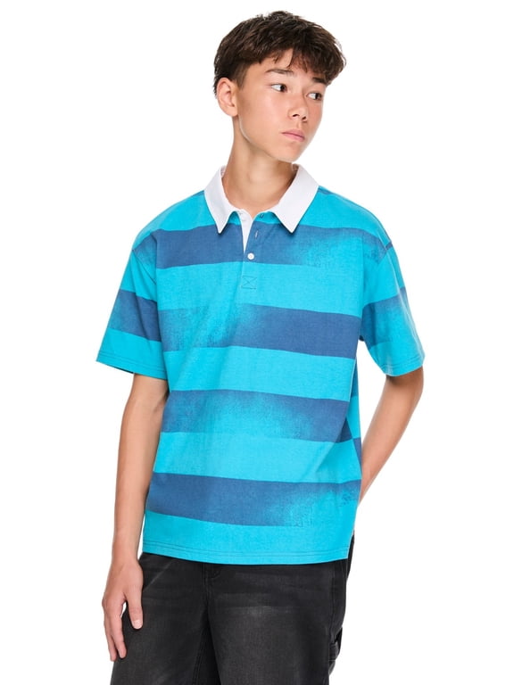 Boys Short Sleeve Distressed Stripe Rugby Shirt - M-XXL