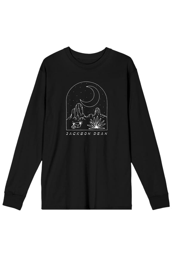 Jackson Dean Desert Night Scene Line Art Women's Black Crew Neck Long Sleeve Tee-XL