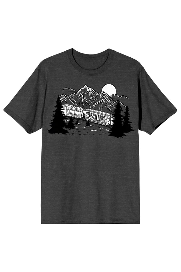 Jackson Dean Night Mountain Scenery & Train Adult Charcoal Heather Crew Neck Short Sleeve T-shirt-Large