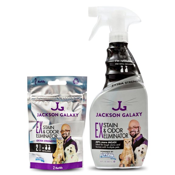 Jackson Galaxy EX Stain & Odor Eliminator Pet Urine Remover - 23 oz Bottle - 2 Fills Included - 50% More Mojo - Eliminates Pet Stains & Odors Quickly - Works On Multiple Surfaces - Non-Toxic