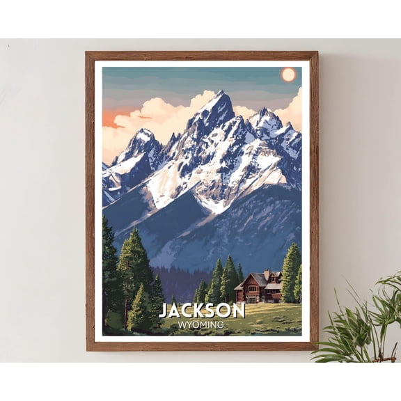 Jackson Hole Travel USA Wall Art Wyoming City Grand Teton Artwork Retro Landscape, Unframed Poster
