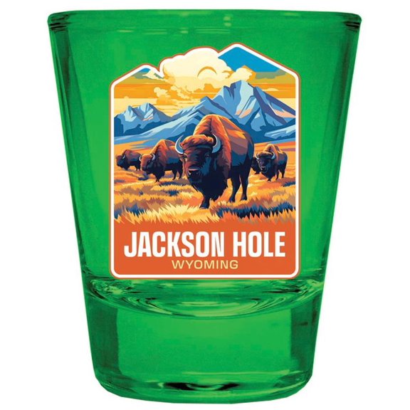 Jackson Hole Wyoming Design A Souvenir Full Color 2 oz Round Shot Glass Green
