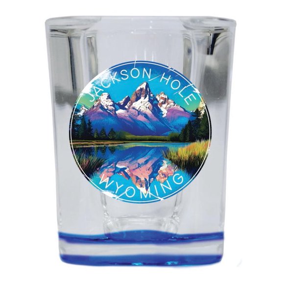 Jackson Hole Wyoming Design C Souvenir 2 oz Square Shot Glass Blue