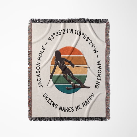 Jackson Hole, Wyoming. Woman Skier Races Downhill, Color Disk, White, Woven Blanket