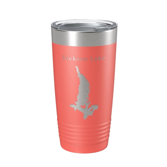 Jackson Lake Map Tumbler Travel Mug Insulated Laser Engraved Coffee Cup Grand Teton Wyoming 20 oz Coral