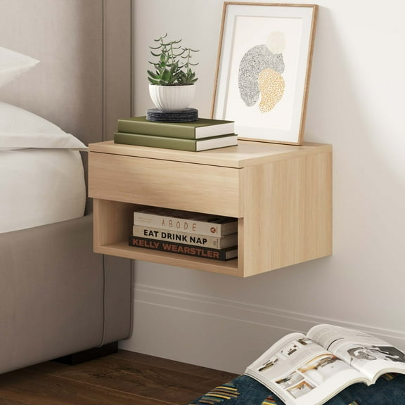 Jackson Light Wood Modern Floating Bedroom Nightstand with Storage Drawer and Open Shelf Cubby