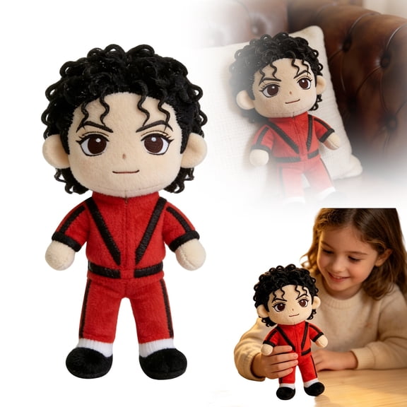 Jackson Plush Doll Curly Black Hair Red Black Tracksuit Singer Stuffed Toy Huggable Plush(Red-25cm)
