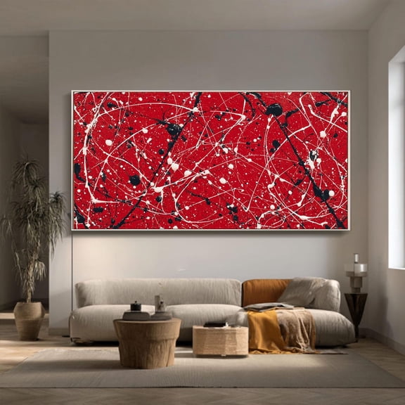 Jackson Pollock art horizontal red black original abstract art contemporary wall art beige line art red pollock art Poster Decor, Stretched Canvas Size 12x18 F03.1.22l744