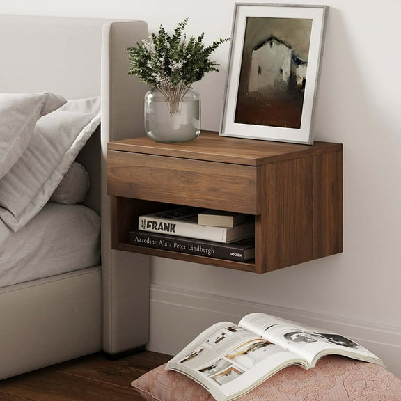 Jackson Wall Mounted Floating Bedroom Nightstand with Storage Drawer and Modern Open Shelf Cubby, Dark Brown Walnut