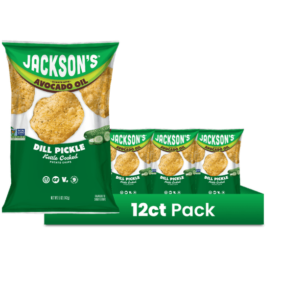 Jackson's Dill Pickle Kettle Potato Chips, Avocado Oil, Free of Top 9 Allergens, 5 oz, 12 pack