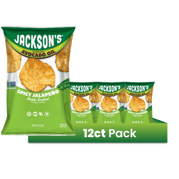 Jackson's Spicy Jalapeo Kettle Potato Chips, Avocado Oil, Free of Top 9 Allergens, 5 oz, 12 pack
