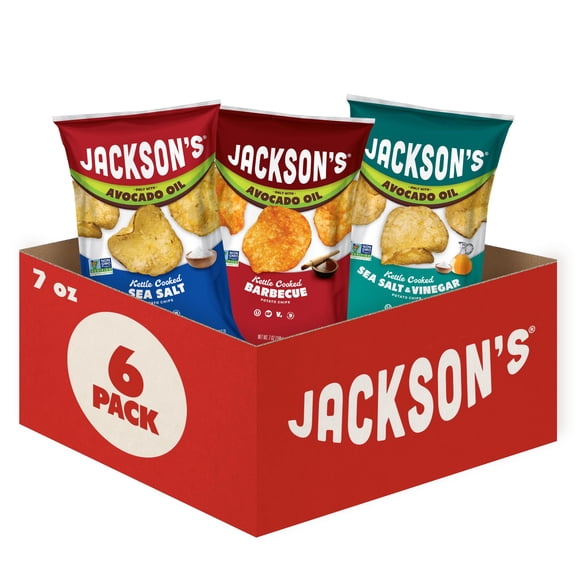 Jacksons Classic Kettle Potato Chips (Variety Pack, 7 oz, Pack of 6) - Made with Premium Avocado Oil, Sea Salt, Salt & Vinegar and BBQ Flavors - Allergen-friendly, Gluten Free, Vegan