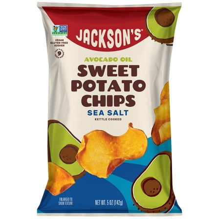Jackson's Sweet Potato Kettle Chips with Sea Salt, Avocado Oil, Free of Top 9 Allergens, 5 oz