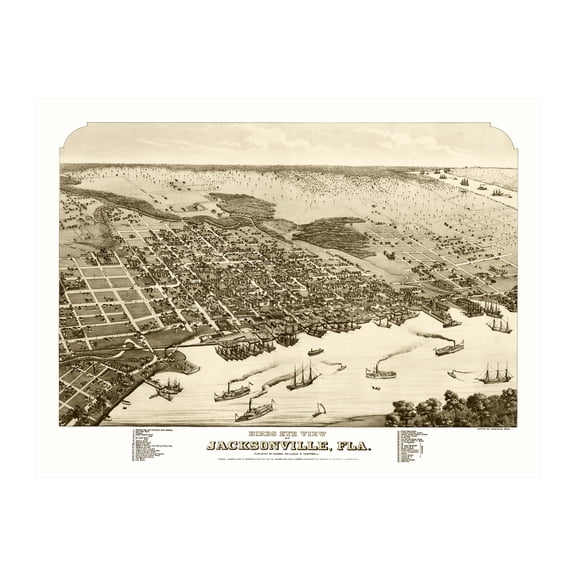 Jacksonville Art, 1876 Vintage Map of Jacksonville Florida, FL History Wall Decor Gift, Old Jacksonville Map - 36" x 24" Unframed Print