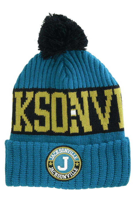 Jacksonville City Name Three Stripe Circular Patch Pom Beanie Winter Hat (Teal/Yellow)