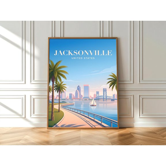 Jacksonville United States Travel Print Riverwalk Skyline Wall Art Coastal City Decor, Unframed Paper Print