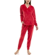 Jaclyn Intimates Embossed Velour Long Sleeve Henley and Joggers 2 Piece Loungewear Set (Juniors & Womens)
