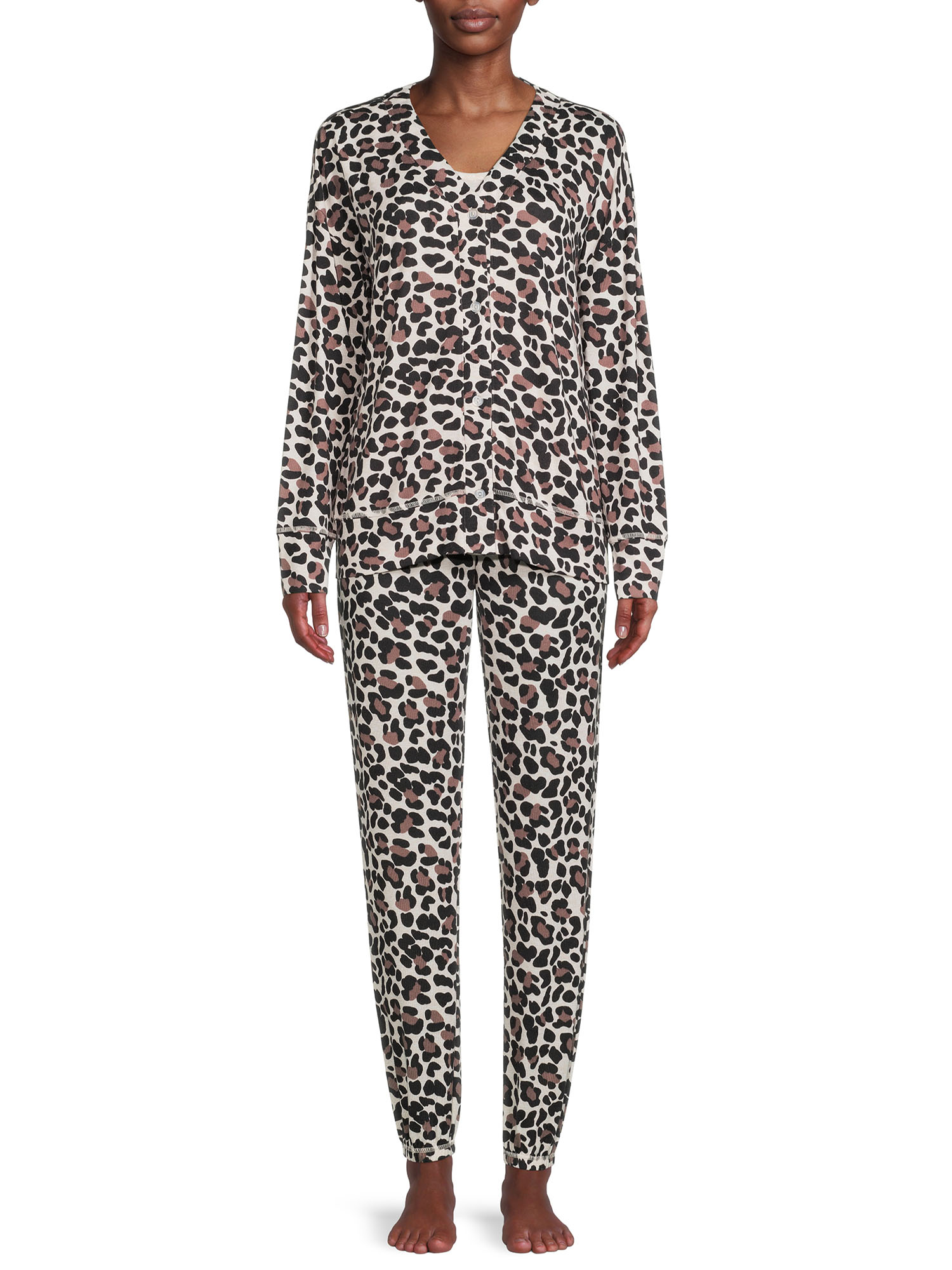 Jaclyn Intimates Long Sleeve Scoop Neck & VNeck Leopard Pajamas (Women