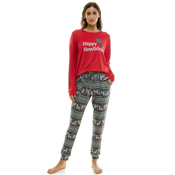 Jaclyn Woman's Crew Neck Sweatshirt and Jogger Pants Christmas Pajama Set, Happy Howlidays, Medium
