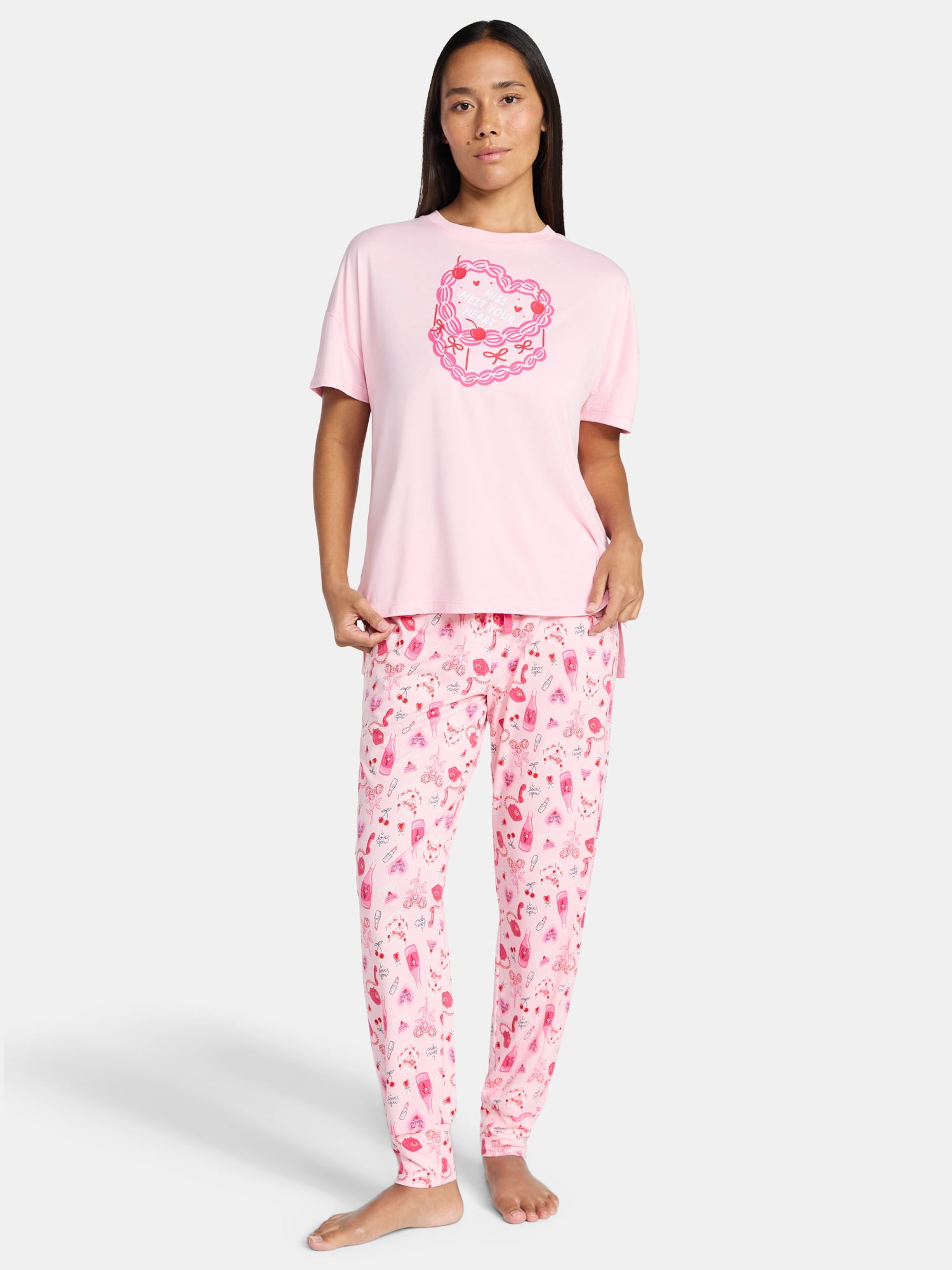 Jaclyn Women's Valentine's Day Sleep Tee and Jogger Pants Pajama Set, 2-Piece, Sizes S-XL