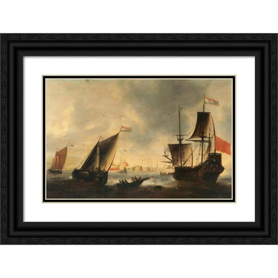 Jacob Adriaensz. Bellevois 14x11 Black Ornate Wood Framed Double Matted Museum Art Print Titled: Dutch Ships and Boats at Sea, a City Beyond