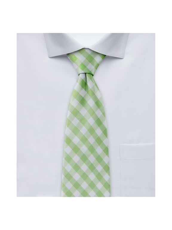 Men's Gingham Checkered Pattern Neck Tie - Pre-Tied Clip-On - Lime Green