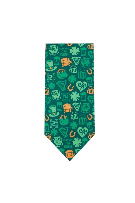 Men's Happy Saint Patrick's Day Kiss Me I'm Irish Lucky Symbols Pattern Regular Length Neck Tie - Green