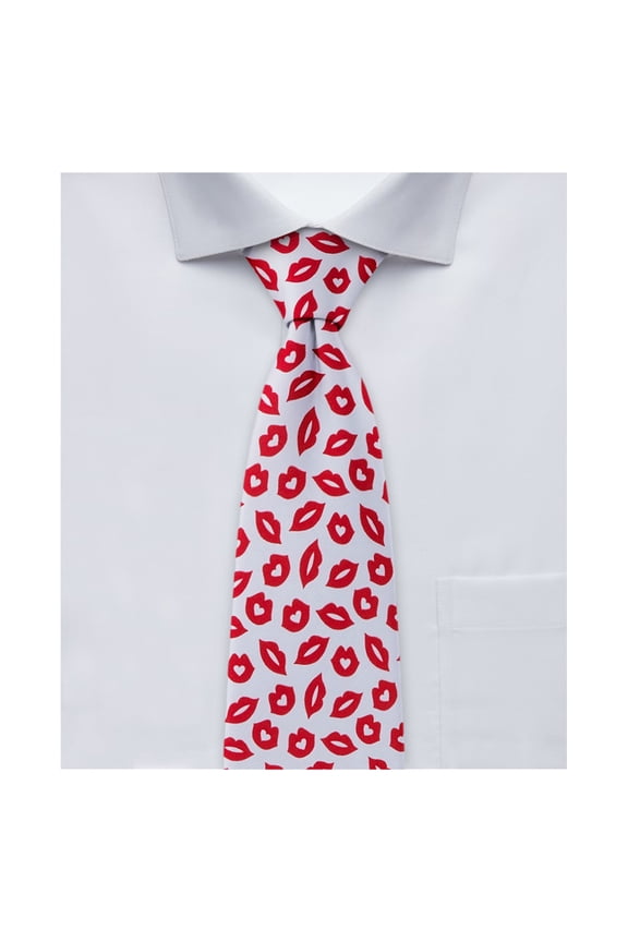 Men's Happy Valentine's Day Red Lips Kisses Pattern Regular Length Neck Tie - White