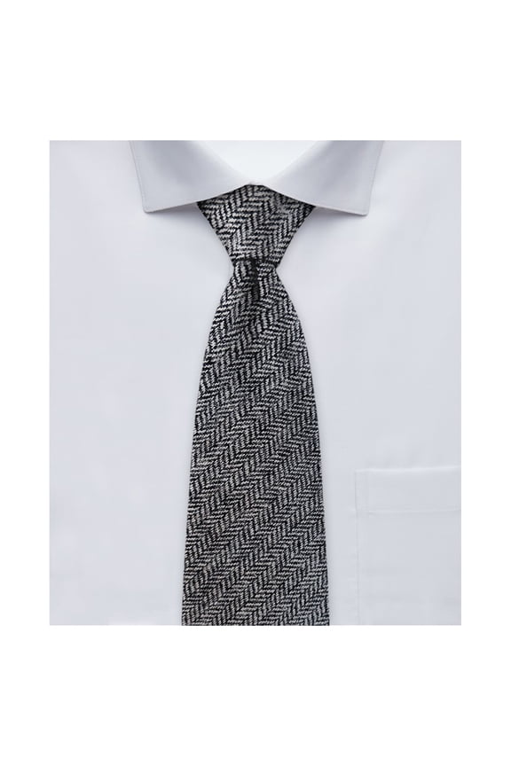 Men's Wool Blend Herringbone 2.5 inch Width Slim Neck Tie - Black/Gray