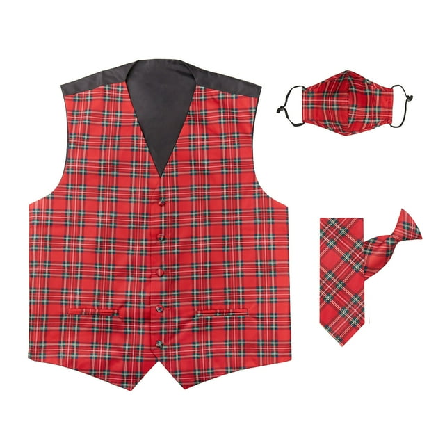 Jacob Alexander Merry Christmas Royal Stewart Red Plaid Men's Vest Clip-On Neck Tie and Adult Face Mask Set - 2XL