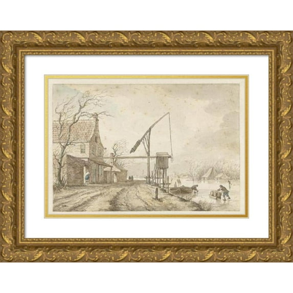 Jacob Cats 18x13 Gold Ornate Wood Frame and Double Matted Museum Art Print Titled - Winter Landscape with Houses and Lever Along Frozen Canal (1771)