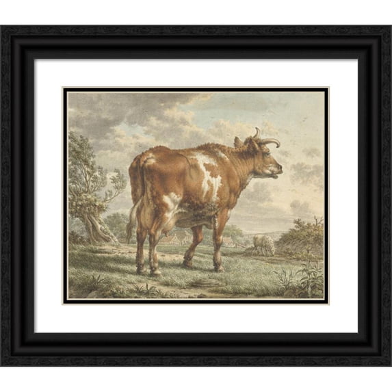 Jacob Cats 18x15 Black Ornate Wood Framed Double Matted Museum Art Print Titled - Red -Colored Cow in a Landscape (1783)