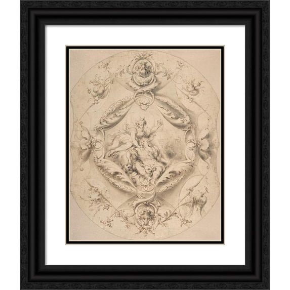 Jacob Denys 15x18 Black Ornate Wood Framed Double Matted Museum Art Print Titled - Ornamental Design with Diana and Endymion in a Central Cartouche