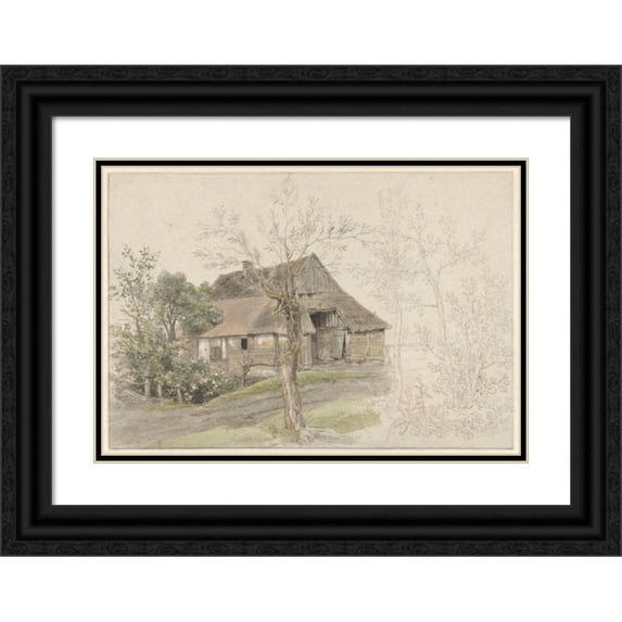 Jacob Ernst Marcus 14x11 Black Ornate Wood Framed Double Matted Museum Art Print Titled: Farmhouse with Trees in Delden (1810)