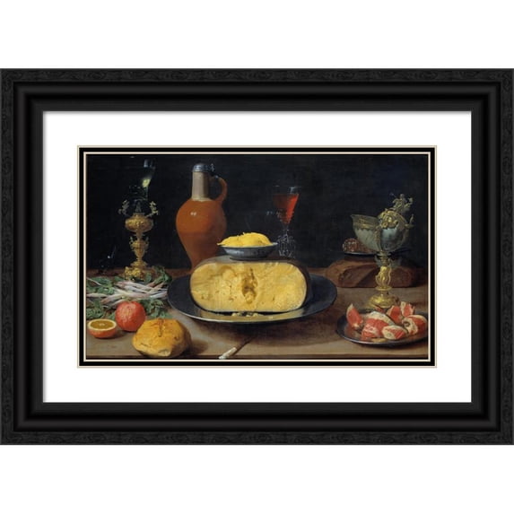 Jacob Foppens van Es 18x12 Black Ornate Wood Framed Double Matted Museum Art Print Titled - Breakfast Piece with Cheese and Goblet