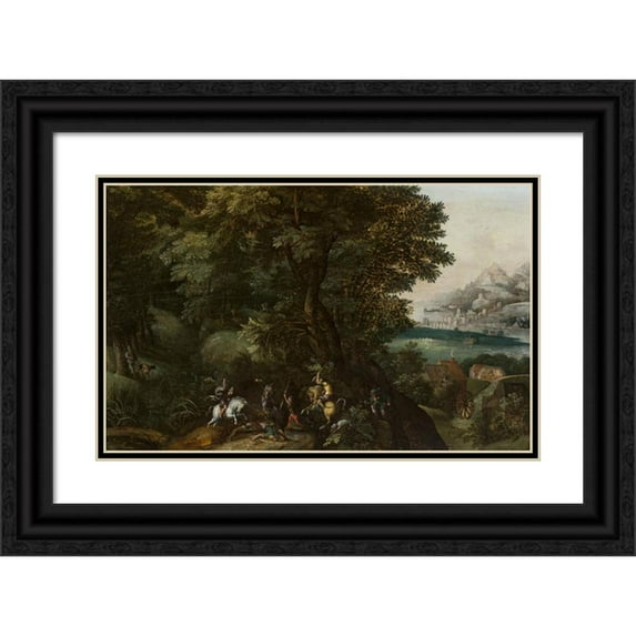 Jacob Grimmer 14x11 Black Ornate Wood Framed Double Matted Museum Art Print Titled: Hunting a Wild Boar (C. 1590)