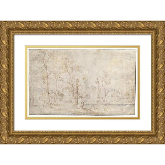 Jacob Grimmer 18x12 Gold Ornate Wood Frame and Double Matted Museum Art Print Titled - Moated Castle and Village (1526 - 1590)