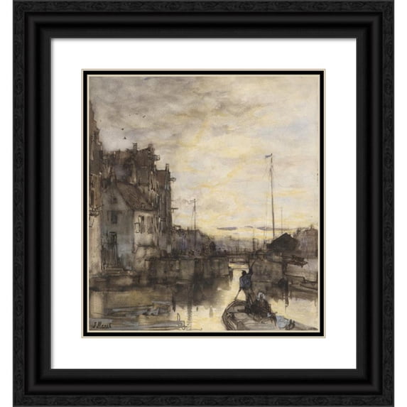 Jacob Maris 15x16 Black Ornate Wood Framed Double Matted Museum Art Print Titled - Cityscape at Evening (1847 - 1899)