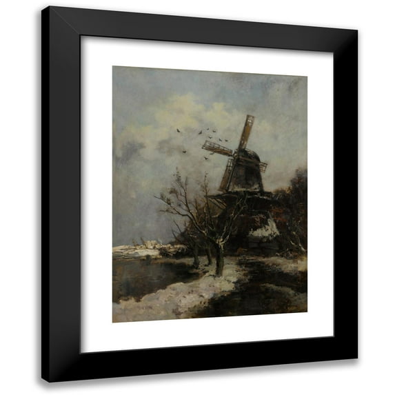 Jacob Maris 19x24 Black Modern Framed Museum Art Print Titled - Windmill by a Stream in Winter